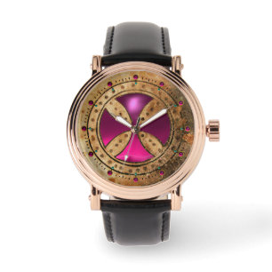 Reloj De Pulsera PLANTILLA ANTIGUA Gema de Fuchsia rosa CRUZ
