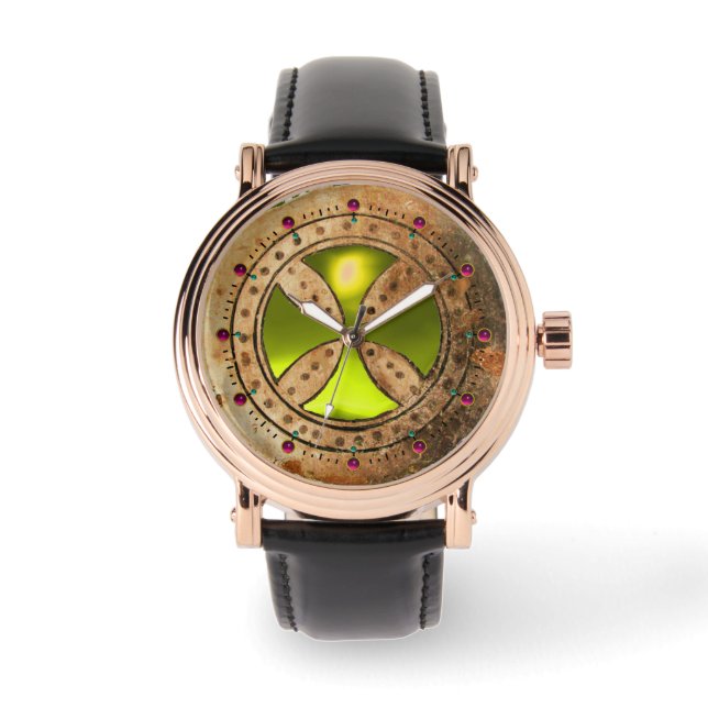Reloj De Pulsera PLANTILLA ANTIGUA Gema Topaz CRUZ Amarillo (Anverso)