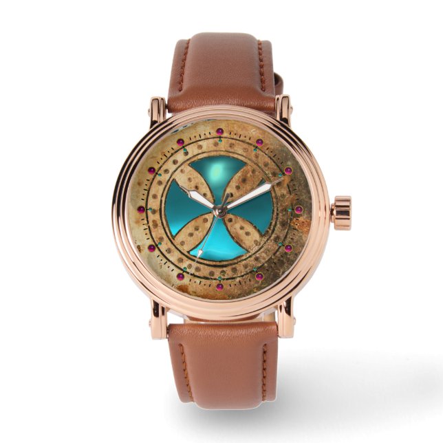Reloj De Pulsera PLANTILLA ANTIGUA Gema Turquesa Azul CRUZ (Anverso)