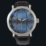 Reloj De Pulsera Plátanos de luz suave Siluetas Monograma tropical<br><div class="desc">Elegantes palmeras tropicales monogramadas reloj.</div>