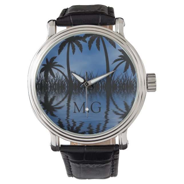 Reloj De Pulsera Plátanos de luz suave Siluetas Monograma tropical (Anverso)