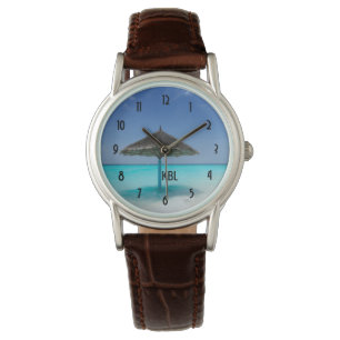 Reloj De Pulsera Playa tropical panorámica con paraguas de paja