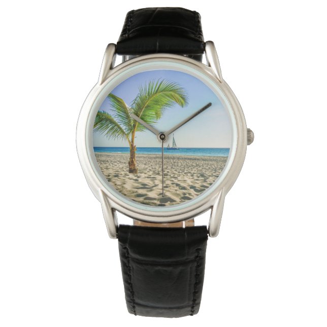 Reloj De Pulsera Playas tropicales | Barco de vela, palmera, Aruba (Anverso)