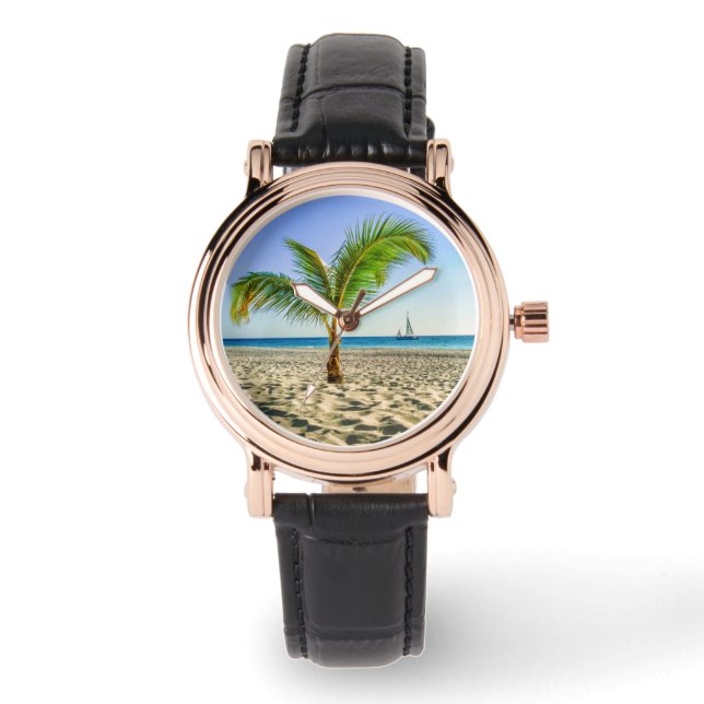 Reloj De Pulsera Playas tropicales | Barco de vela, palmera, Aruba (Anverso)
