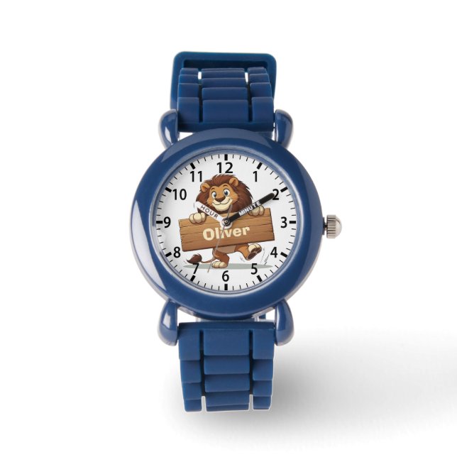 Reloj De Pulsera Playful Lion with Wooden Name Plate (Anverso)