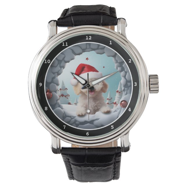 Reloj De Pulsera Playful Poodle Dog Winter Holiday Image (Anverso)