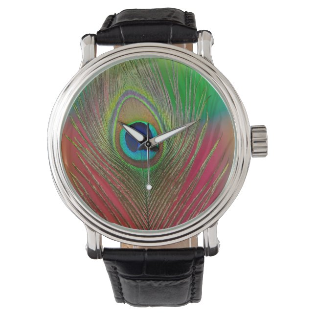 Reloj De Pulsera Pluma de pavo real de cerca (Anverso)