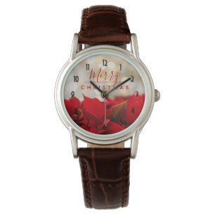 Reloj De Pulsera Poinsettias rojas con Navidades del Bokeh de Oro