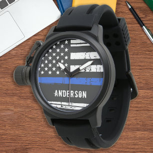 Reloj De Pulsera Policía de Bandera Estadounidense de Línea Azul De