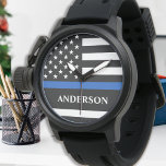 Reloj De Pulsera Policía Personalizada, Aplicación De La Ley De La<br><div class="desc">Delgado Observatorio de la Policía de la Línea Azul - Diseño de la bandera estadounidense en la bandera de la policía Colores modernos de diseño blanco, negro y azul. Un regalo encantador para tu policía o agente de la ley favorito. Gran regalo de retiro de la policía o regalo de...</div>