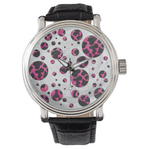 Reloj De Pulsera Polka Dot Cow Pink y Black Print