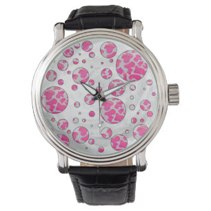 Reloj De Pulsera Polka Dot Cow rosa y blanco