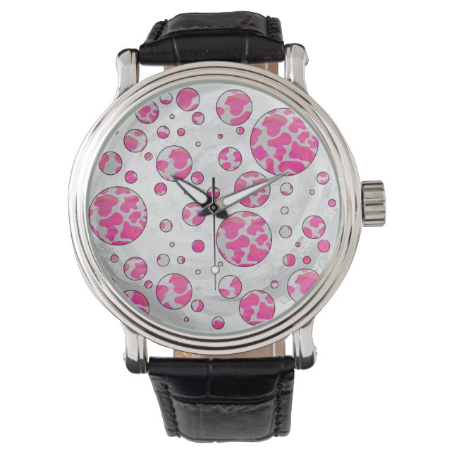 Reloj De Pulsera Polka Dot Cow rosa y blanco (Anverso)