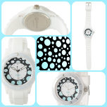 Reloj De Pulsera Polka retro moderno con puntos azul blanco y negro<br><div class="desc">Personalice este moderno y divertido estilo retro de polka-dots mirar con un Nombre o su propio texto dentro del borde circular de los círculos de gradiente azul turquesa y blanco sobre negro. Esta imagen es fotografía original de JLW_PHOTOGRAPHY.</div>