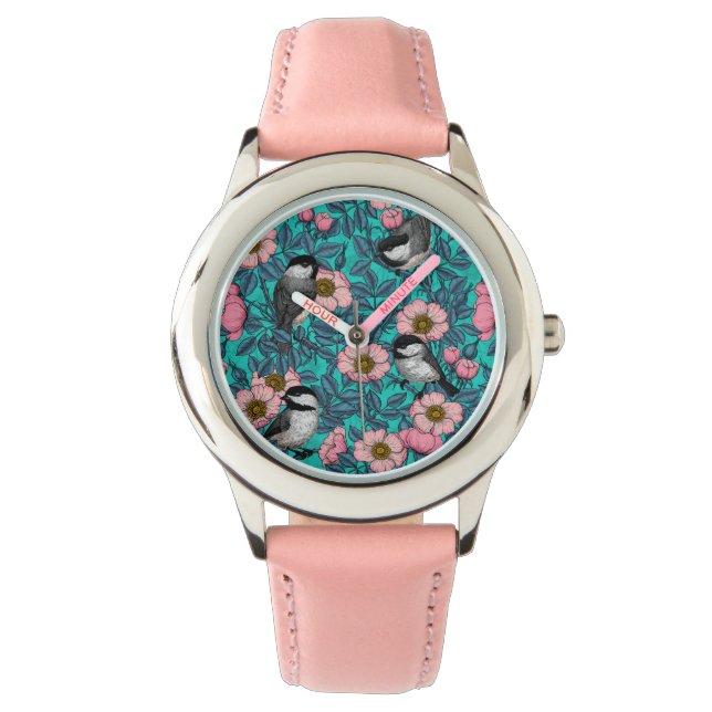 Reloj De Pulsera Pollos en rosa silvestre, rosa y azul (Anverso)