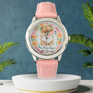 Reloj De Pulsera Pomerania cutánea con flores acuarelas monograma