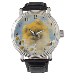 Reloj De Pulsera Pomerania en pintura de Daisies - Arte de perro or