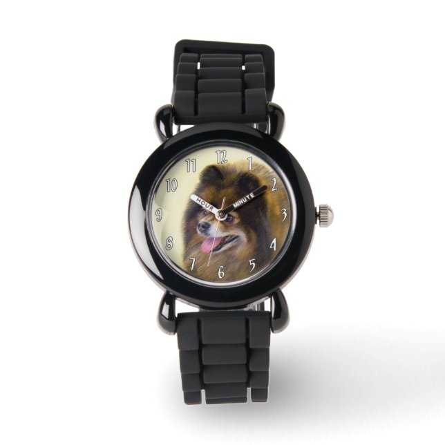 Reloj De Pulsera Pomerania Negra y Tan Pintura Original de Perro (Anverso)