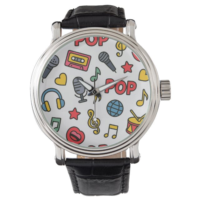Reloj De Pulsera pop music doodle icons seamless pattern	 (Anverso)