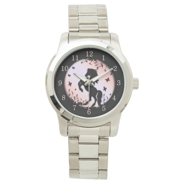 Reloj De Pulsera Potro Negro Alzándose Rosa (Anverso)