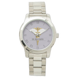 Reloj De Pulsera Precioso Caduceus de Oro Médico Blanco Wings Nombr