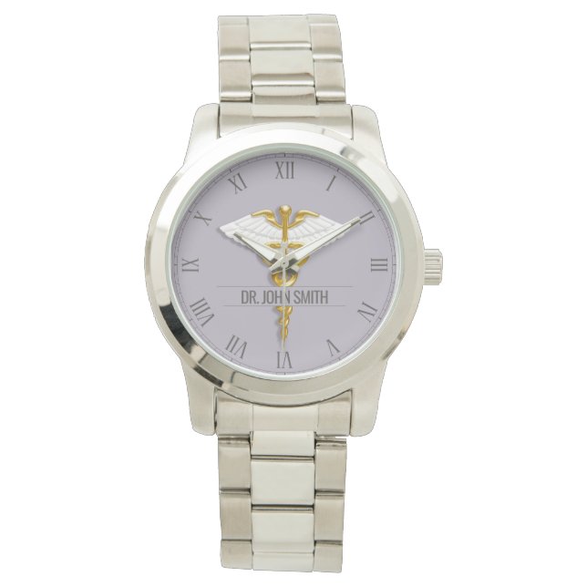 Reloj De Pulsera Precioso Caduceus de Oro Médico Blanco Wings Nombr (Anverso)