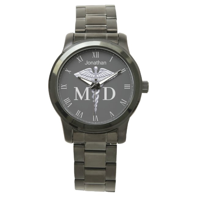 Reloj De Pulsera Precioso Médica Médico Silver Caduceus MD (Anverso)