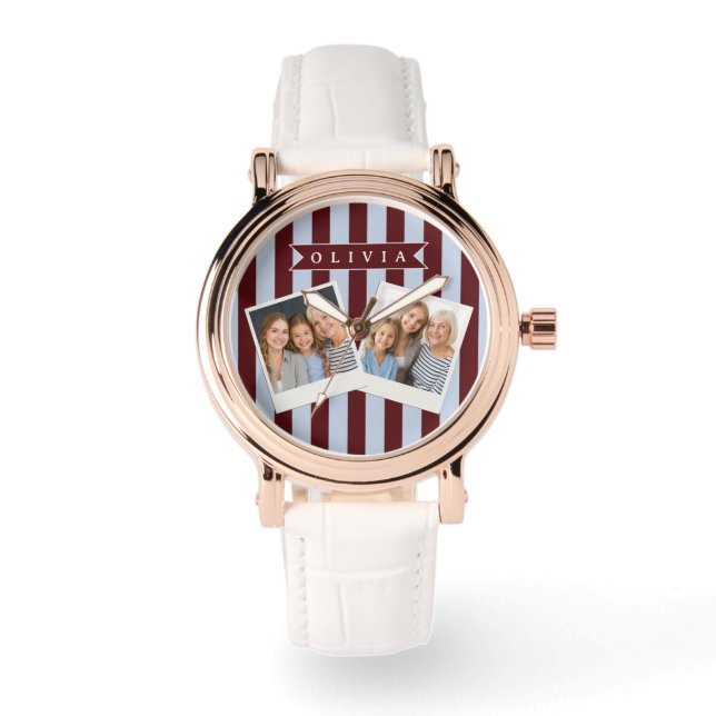 Reloj De Pulsera Preppy Personalizado Raya de Cabaña Azul Marrón (Anverso)