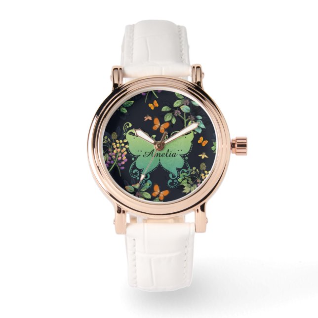 Reloj De Pulsera Pretty Personalised Dark Floral Butterfly Pattern (Anverso)