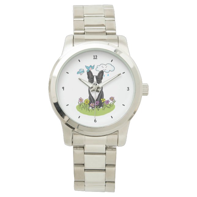 Reloj De Pulsera Primavera Boston Terrier (negro) Perro lindo (Anverso)