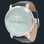 Reloj De Pulsera Primera comunión sagrada, guión en verde suave<br><div class="desc">Este suave regalo,  recuerdo y regalo verde es bueno para felicitar al niño o chica por su Primera Comunión.</div>