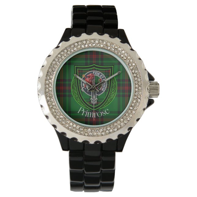 Reloj De Pulsera Primrose Scottish Clan Tartan & Crest (Anverso)