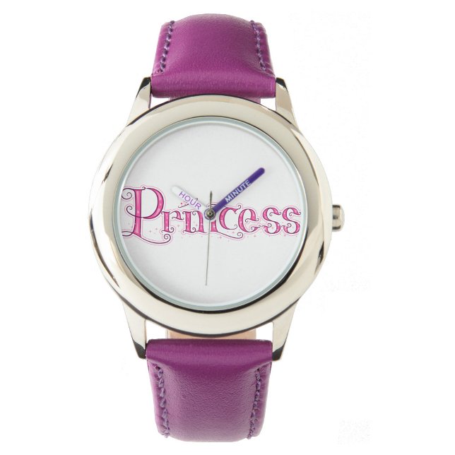 Reloj De Pulsera Princesa (A wristwatch with a silver case and a purple leather band, with the word "Princess!)