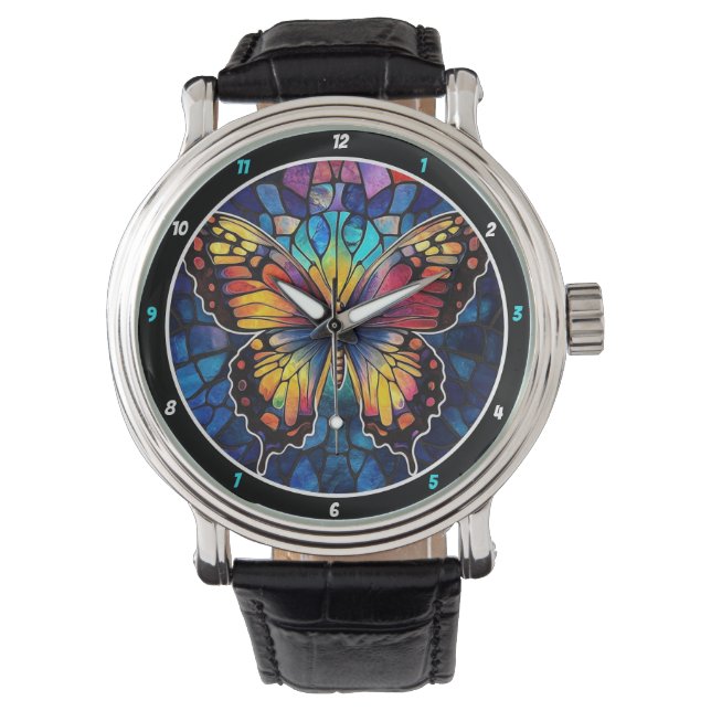 Reloj De Pulsera Prismatic Flight" - Stained Glass Butterfly  (Anverso)