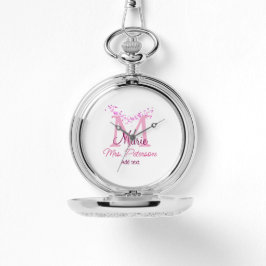 Reloj De Pulsera Profesora de monograma de purpurina de corazón ros
