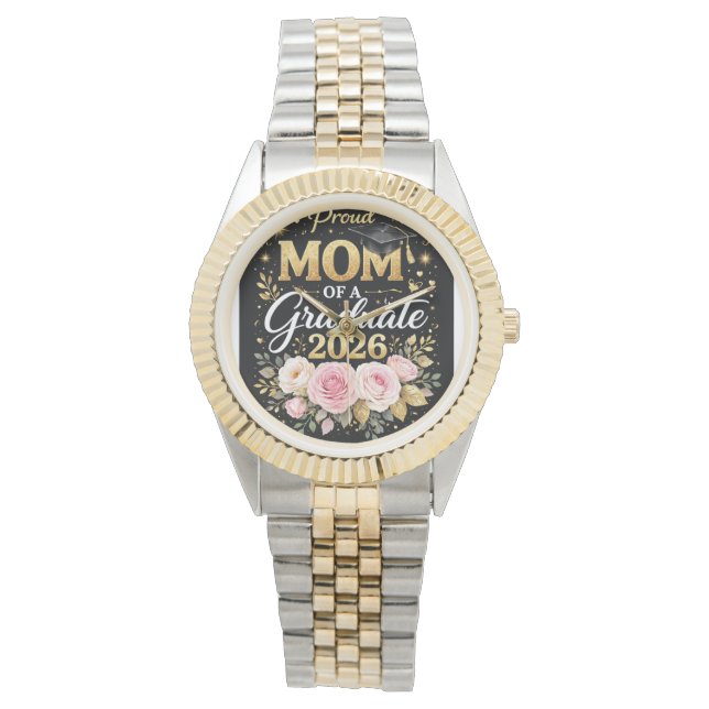 Reloj De Pulsera Proud Mom of a Graduate 2026 – Elegant Gold & Flor (Anverso)