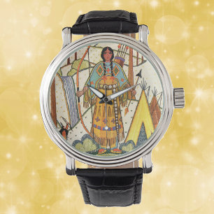Reloj De Pulsera Pueblo forestal vintage de mujer nativa americana