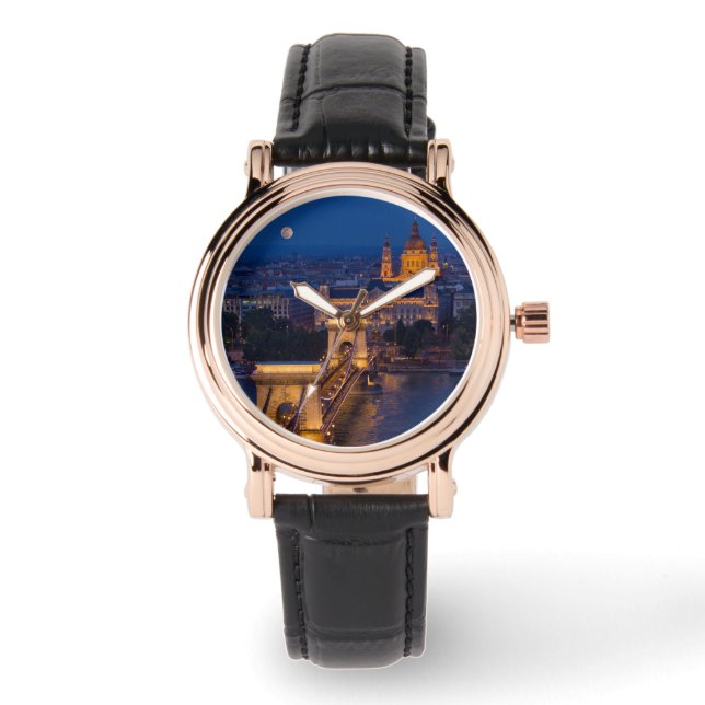 Reloj De Pulsera Puente de cadena y luna llena de noche (Anverso)