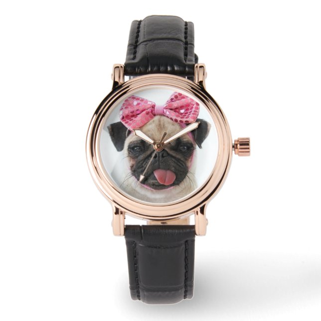 Reloj De Pulsera Pug con arco rosado (Anverso)