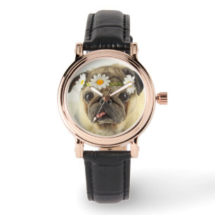 Reloj De Pulsera Pug con la corona de margarita