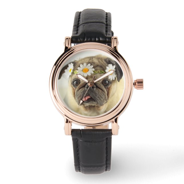 Reloj De Pulsera Pug con la corona de margarita (Anverso)