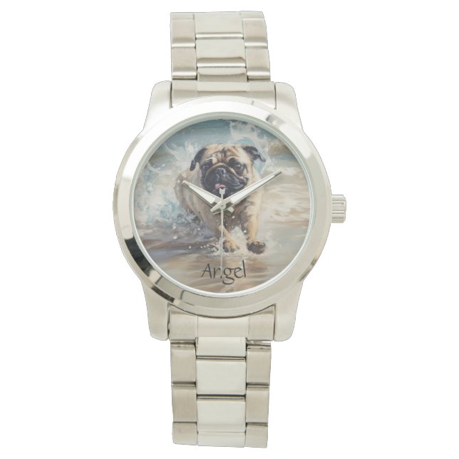 Reloj De Pulsera Pug feliz en el personalizable de la playa (Anverso)