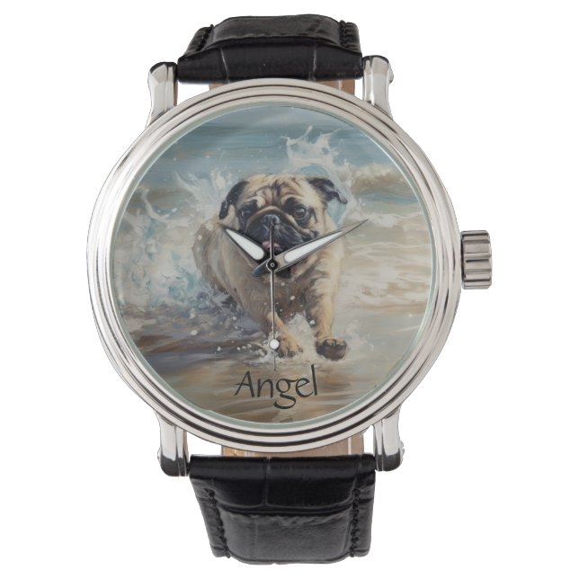 Reloj De Pulsera Pug feliz en el personalizable de la playa (Anverso)