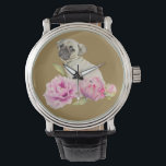 Reloj De Pulsera Pug y peonías | Ilustracion acuarela<br><div class="desc">Esta es una pintura acuarela de un cachorro sentado en medio de flores de peonía. Las flores comienzan como un brote a la derecha y lentamente florecen al máximo a medida que van hacia la izquierda.</div>
