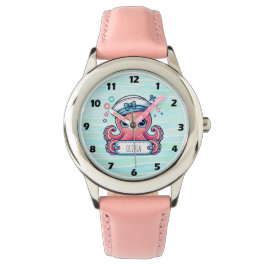 Reloj De Pulsera Pulpo Rosa Alegre Sosteniendo Letrero de Nombre