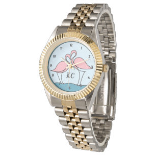 Reloj De Pulsera Pulsera De Dos Tonos Monograma Unisex Flamingos Ro
