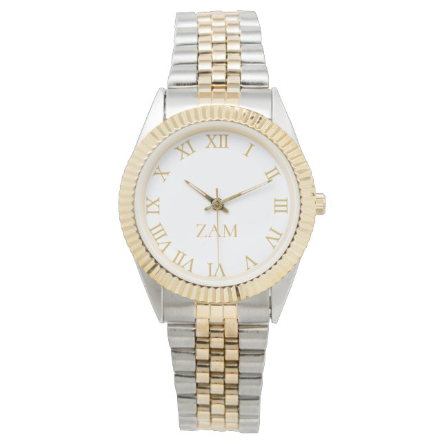 Reloj De Pulsera Pulsera de tono plateado dorado monogramado blanco (Anverso)