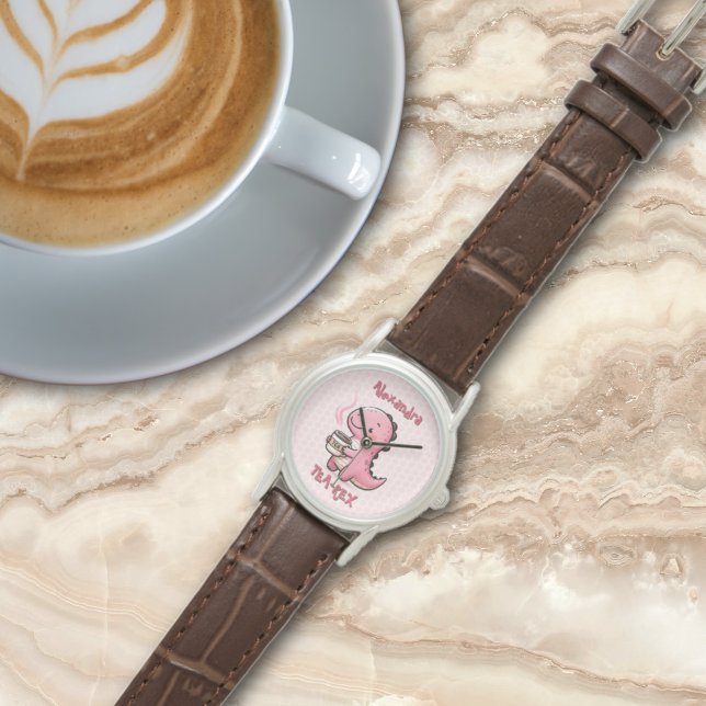 Reloj De Pulsera Pun animal de dinosaurio personalizado dulce para  (Sweet Tea-Rex Personalized Dinosaur Animal Pun Polka Dot watch)