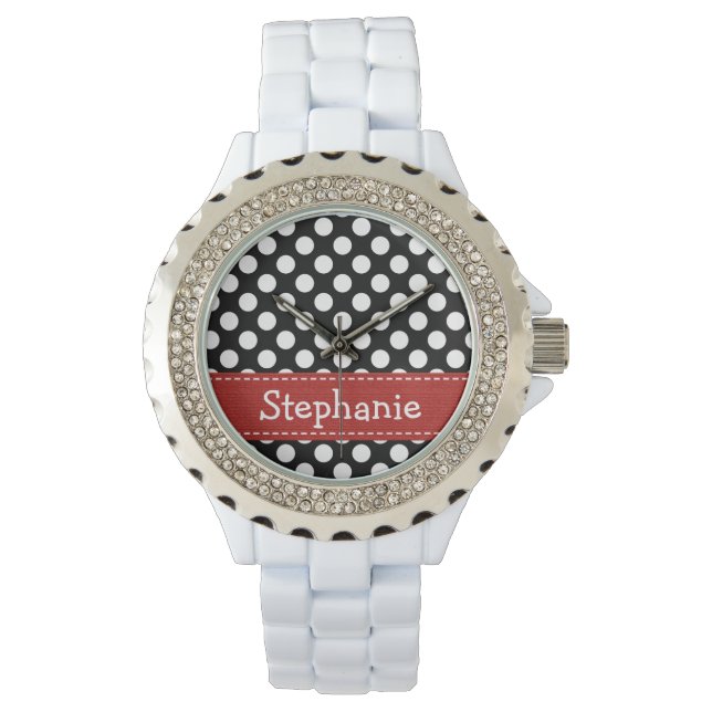Reloj De Pulsera Punto de polka blanco y negro personalizado (Anverso)