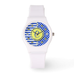 Reloj De Pulsera Puntos reales del Polka Azul y franjas-Monograma S